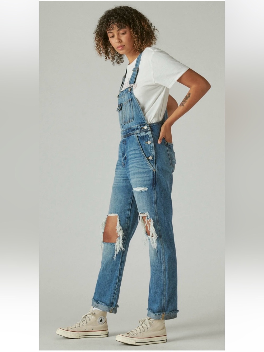 Lucky Brand—Rip And Repair Distressed Denim Jean Overalls, Blue Medium Wash